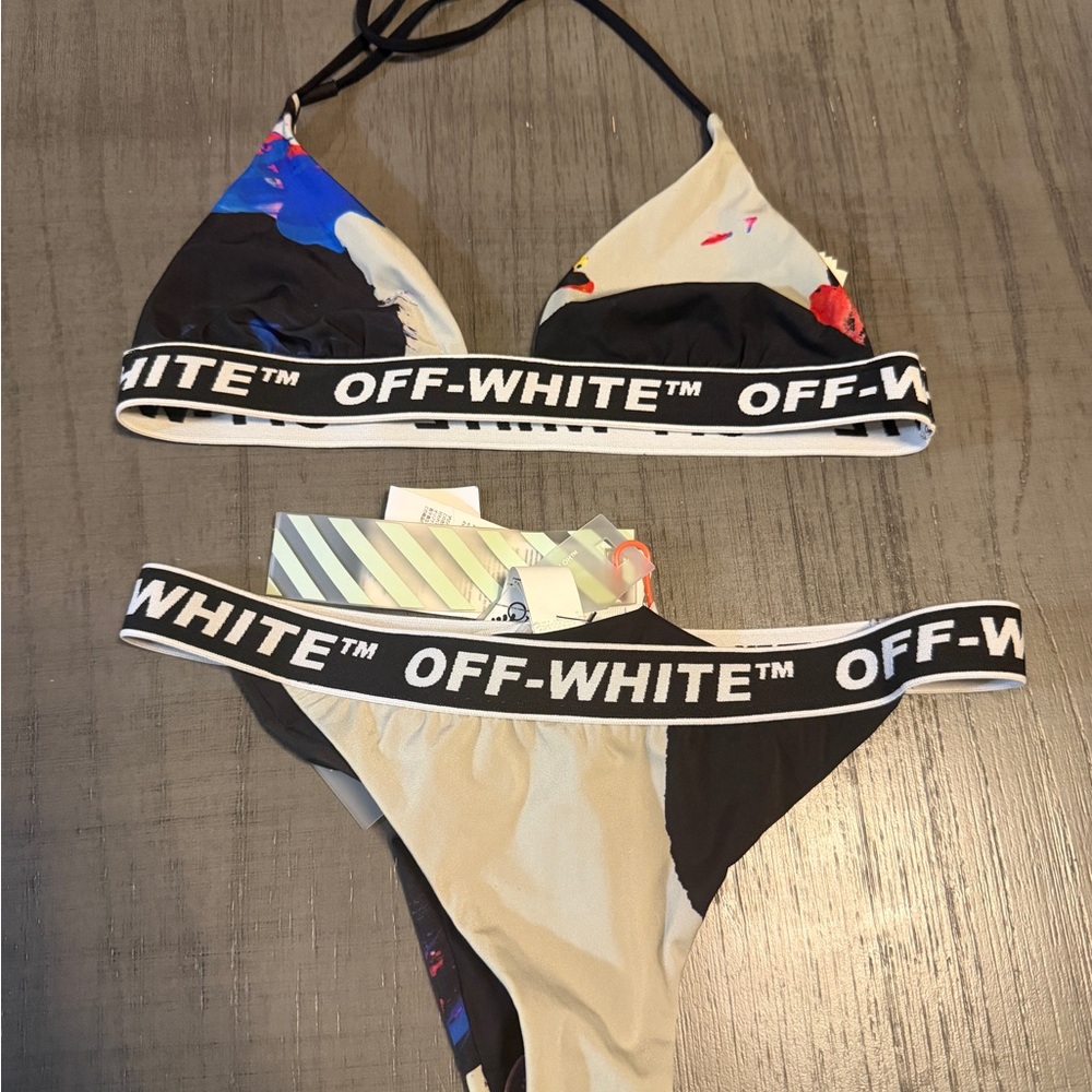 Off-White Black & Blue Paint-Print Triangle Bikini